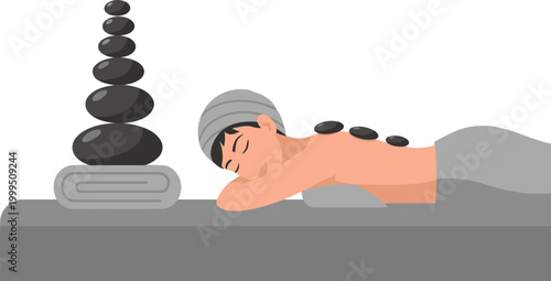 Relaxing spa hot stone massage. A young man reclines, receiving treatment with heated stones. Serene and inviting atmosphere. Perfect for wellness visuals.