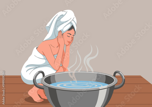 A woman relaxes with a towel steam facial. She?s wrapped in a white towel, enjoying the warmth of a steaming bowl. A serene and refreshing image.