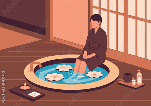 A serene Asian woman relaxes in a traditional foot soak spa, enjoying a moment of tranquility. Soft colors and a calming atmosphere create a peaceful scene.
