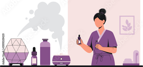 A serene aromatherapy spa scene featuring a professional applying essential oils. Soft purple hues and a modern diffuser create a relaxing atmosphere. Ideal for wellness and beauty concepts.