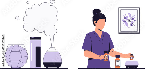A serene aromatherapy spa scene featuring a diffuser and a professional applying essential oils. Soft colors and a calming atmosphere evoke relaxation and wellness.