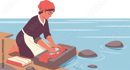 A woman washes clothes by a rural river, showcasing a traditional lifestyle. Warm colors and a serene setting create a visually appealing image for commercial use.