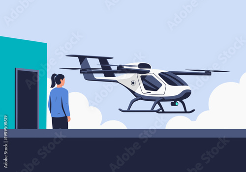 A woman watches a rooftop drone taxi land. Modern, clean design with a futuristic feel. Ideal for tech, transportation, and urban lifestyle visuals.