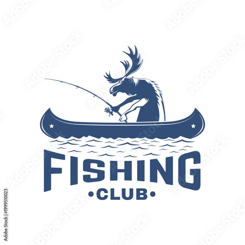 Moose fishing in canoe badge vector illustration with lake and rod vintage outdoor adventure design fishing club emblem for t shirt print sticker isolated background