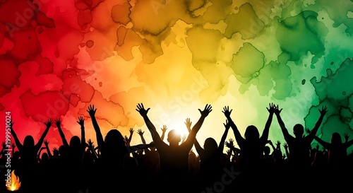 Juneteenth celebration vibrant crowd with raised hands honors freedom and equality