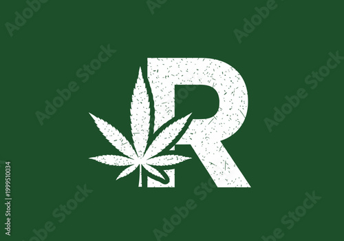 Distressed white letter R with marijuana leaf on green background