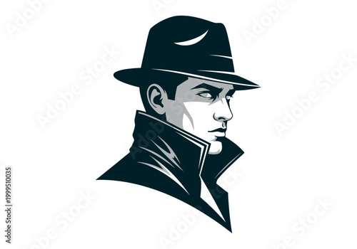 Detective wearing fedora and trench coat in minimalist vector style