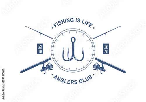 Fishing badge vector illustration with hook and crossed rods anglers club emblem vintage outdoor adventure design for t shirt print sticker isolated background