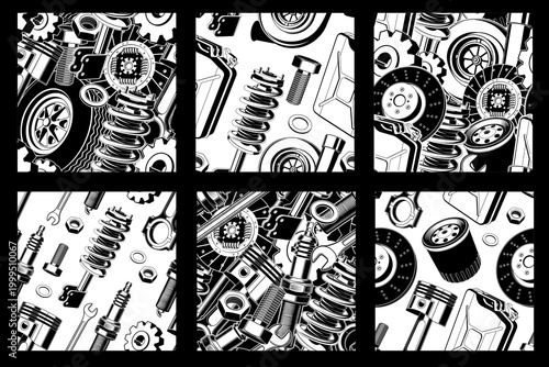 Set of auto service seamless pattern or background. Vector. For expert service car repair center, restoration and car club with wrench, gears, spark plug, skull, automobile tools pistons silhouette