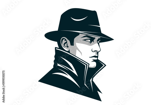 Detective mascot wearing fedora and trench coat on white background