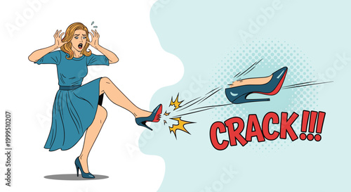 Surprised young woman in a blue dress reacting to her high heel breaking with a loud crack sound on a dot background.
