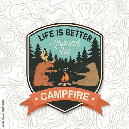 Campfire patch vector badge with bear and moose roasting marshmallow outdoor adventure embroidered style camping emblem for t shirt print sticker isolated background