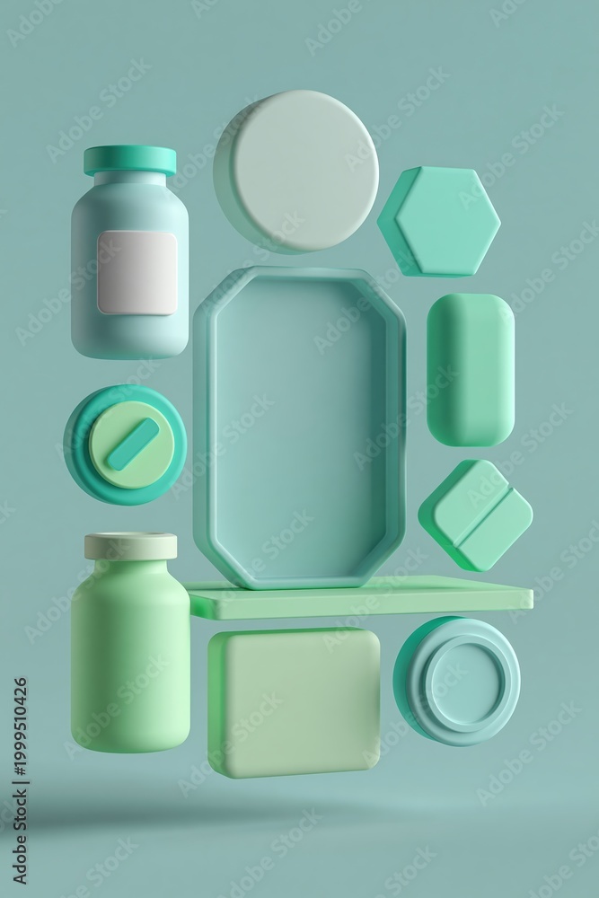 Fototapeta premium Minimal pharmacy product containers floating and aligning on shelf with empty central space
