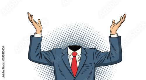 Surreal image of a headless businessman in a blue suit with a red tie raising his hands up on a halftone background.