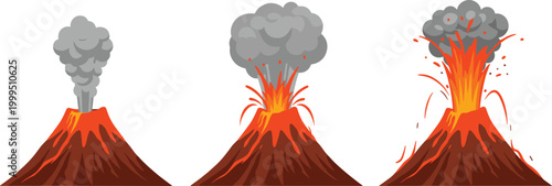 Volcano eruption stages illustration set with smoke lava explosion and ash, natural disaster concept for geology and earth science design