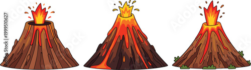Volcano eruption illustration set with lava explosion and fire, natural disaster concept collection for geology and earth science design