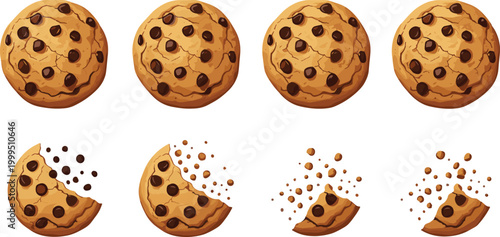 Chocolate chip cookies set with whole and bitten pieces, delicious sweet snack illustration collection for bakery and dessert design