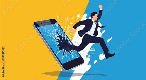 Businessman in a suit jumping through a broken smartphone screen to escape technology and find freedom in work.