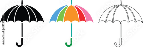Three umbrellas black colorful and white line art illustrations