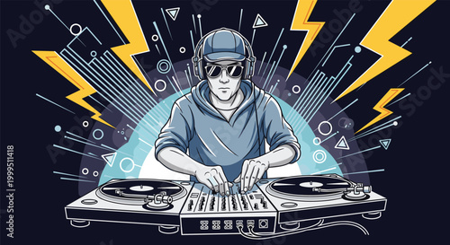 Talented disc jockey in cool sunglasses and cap mixes high-energy music on professional turntables with glowing lightning background.