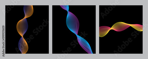 Abstract triptych vibrant swirls of color and light on black background