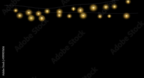 Curved string lights with a golden hue shine against a solid black background.