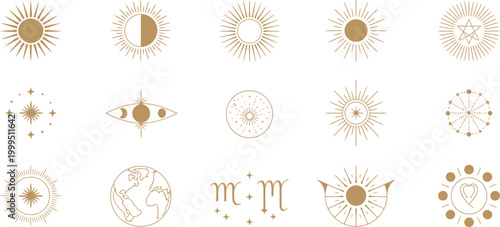 Golden Sun, Moon, Star Vector Icons, Celestial Symbols, Astrology Elements, 16 Emblems