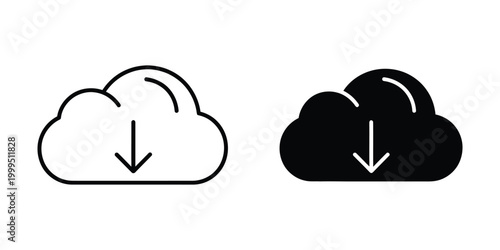 Cloud icon with download arrow in black and white for online storage or data download