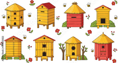 Beehive and Wooden House Collection with Straw Roofs, Flowers, and Bees for Nature, Gardening, and Wildlife Designs