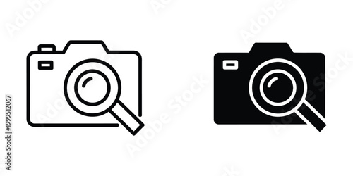 Simple icon of a camera with magnifying glass for search or focus
