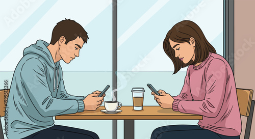 Young man and woman sitting at a cafe table using their smartphones instead of talking to each other, showing digital distraction.