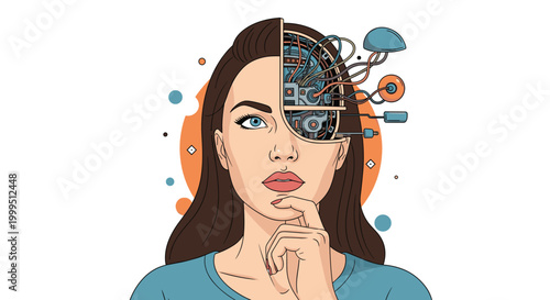 Stunning woman in a thoughtful pose with half of her head revealing complex robotic parts and wires, representing artificial intelligence.