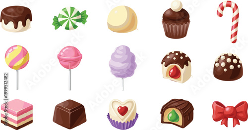 Candy and Sweet Treats Collection with Lollipops, Chocolates, Cupcakes, and Sweets for Dessert and Confectionery Designs