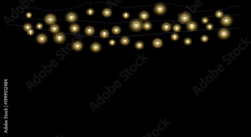 Golden fairy lights create a delicate curved line against a pitch-black backdrop.