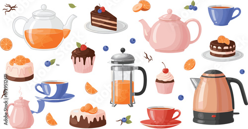 Tea, Coffee, and Dessert Collection with Teapots, Cups, Cakes, and Sweets for Beverage and Bakery Designs
