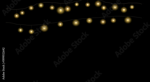 Loose arrangement of warm-toned string lights forming an irregular line against a black void.