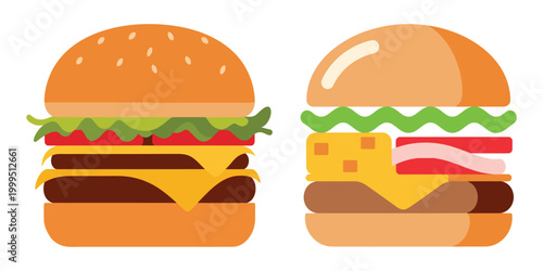 Isolated fast food vector illustration of a tasty beef cheeseburger with lettuce and tomato on a sesame seed bun snack