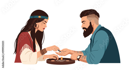 Mystic fortune teller in traditional clothing reads the palm of a bearded man sitting at a round table on a white background.