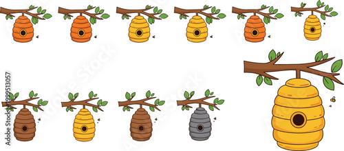 Beehive Collection with Colorful Designs, Honeycomb Structures, and Bees for Nature, Garden, and Wildlife Illustrations