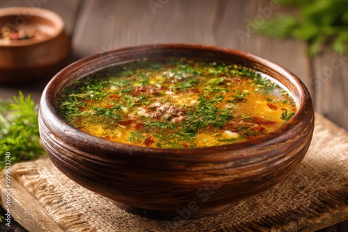 Authentic kharcho soup on wood background