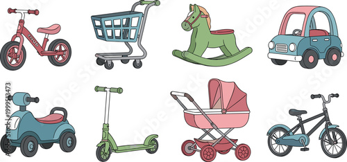 Children's Toy Vehicles and Accessories Collection with Bikes, Scooters, Cars, and Strollers for Kids and Baby Design