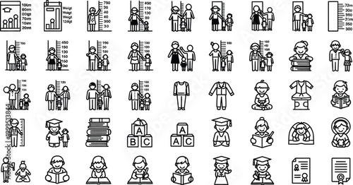Growth charts and developmental icons represent educational progress and biological aging stages in a clear graphic format.