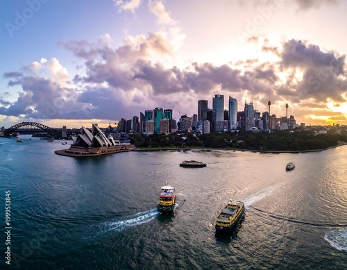 Sydney city skyline harbor boats sunset.