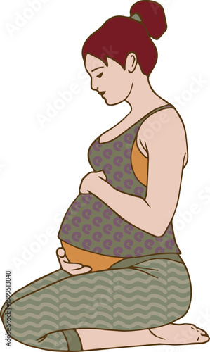 pregnant woman kneeling in calm yoga pose – flat hand-drawn illustration