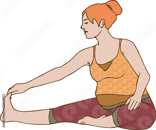 pregnant woman doing prenatal yoga in stretching pose