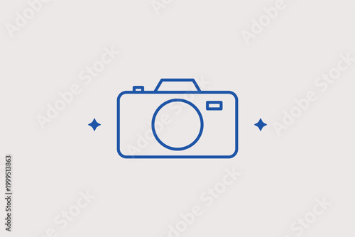 Camera line icon for capturing travel memories and photography workshops in nature. Creative vector illustration for tourist blog media sections and photography equipment rental portals.