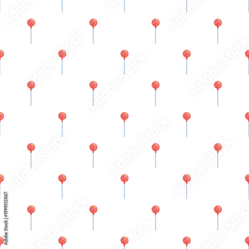 Repeating red lollipops forming a uniform, sweet, and fun candy background