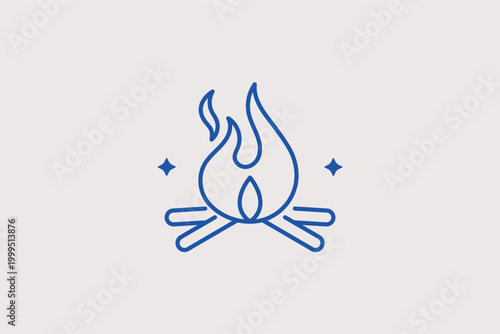 Campfire line icon for outdoor survival guides and forest camping instructions. Warm vector illustration for scout club websites and evening gathering event promotions.