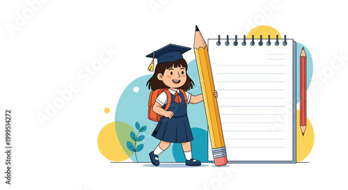 Little girl wearing a graduation cap and school uniform walks while carrying a giant yellow pencil next to a large spiral notebook.