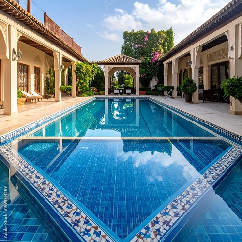 Symmetrical Mediterranean Courtyard Villa With Blue Tiled Pool.
